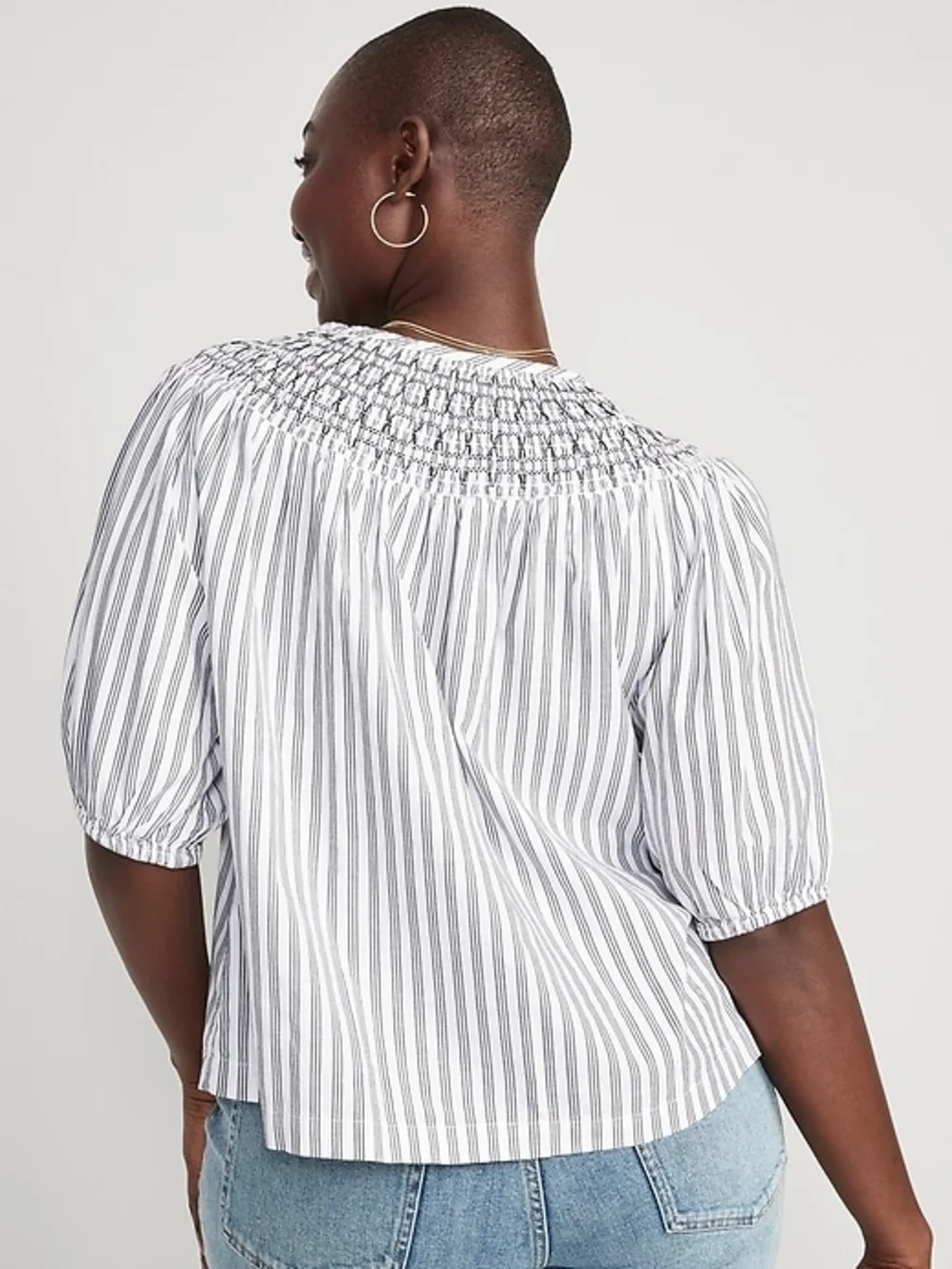 Old Navy White & Black Striped Smocked Embroidered Puff Sleeve Poet Top 3X NWOT
